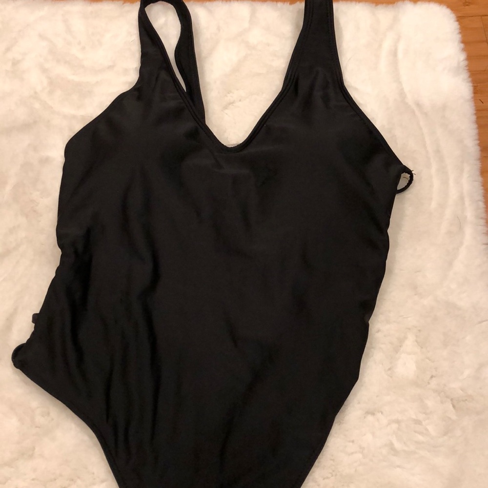 Black cheeky lace up one piece bathing suit